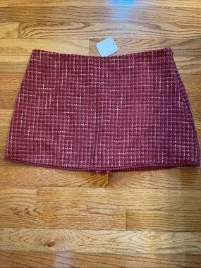 NWT Altar'd State Burgundy Plaid Tweed Embroidered Detail Mini Skirt Sz XL